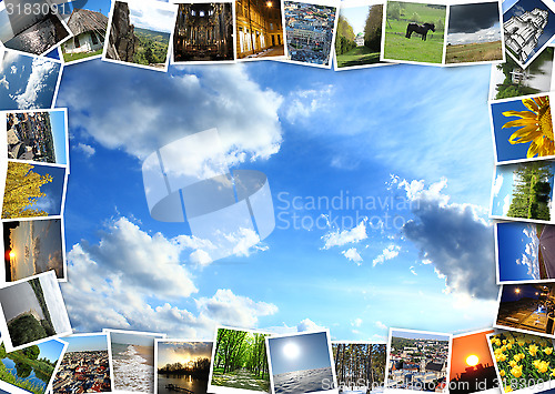 Image of brokiga bilder p? den bl? himlen bakgrunden