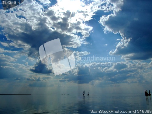 Image of The sky and the sun in clouds above a gulf