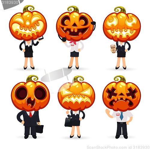 Image of Businessmen With Pumpkins on a Heads