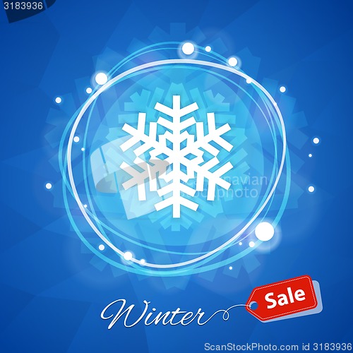 Image of Winter Sale Banner with Snowflake on Blue Geometric Background
