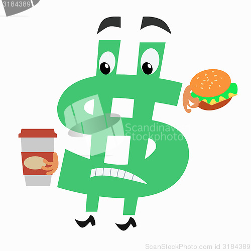 Image of character dollar sign with hamburger and Cup of coffee