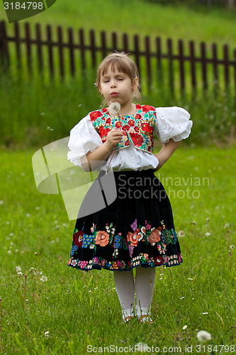 Image of Folk costumes little girl on the meadow