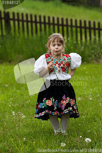 Image of Folk costumes little girl on the meadow