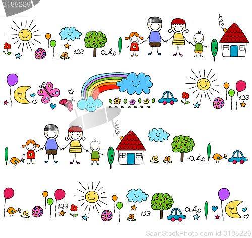 Image of happy family and cute nature elements