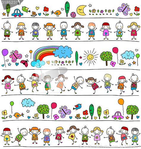 Image of colorful pattern with children and cute nature elements