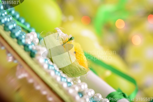 Image of Easter background with eggs, ribbons and spring decoration