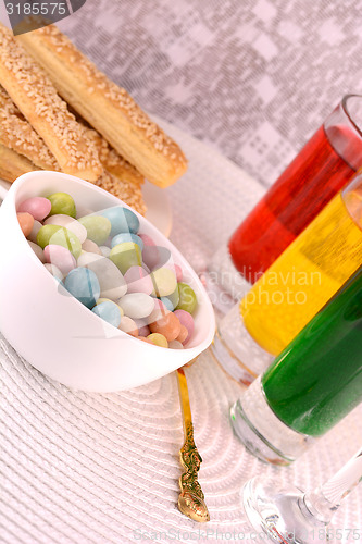 Image of sweet cake on white plate and juice