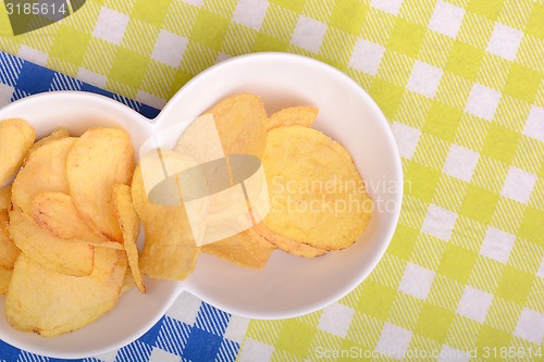 Image of Potato chips on white bowl, close up