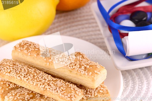 Image of sweet cake on white plate and fruits