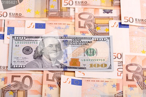 Image of paper moneys - dollar,  euro and czech korun