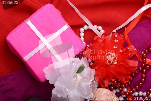 Image of Easter background with eggs, ribbons and spring decoration