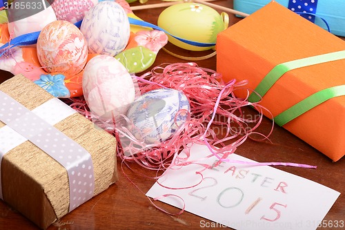 Image of Easter background with eggs, ribbons and spring decoration