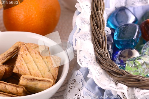 Image of sweet cake on white plate and fruits
