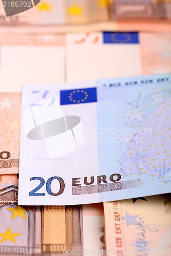 Image of 50 euro banknotes in a row. European Union Currency. Stack of 50 euro banknotes