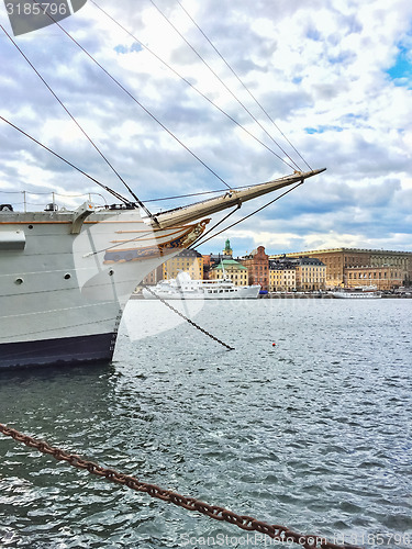 Image of White ship and view over historic Gamla Stan in Stockholm