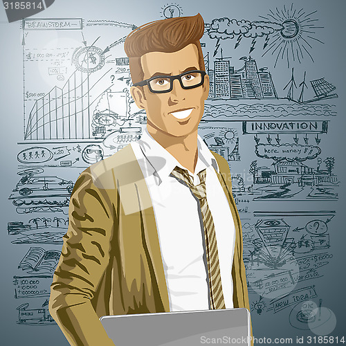 Image of Vector Hipstar Man With Laptop in His Hands