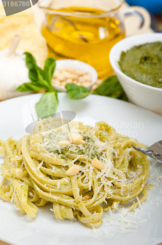 Image of Italian traditional basil pesto pasta ingredients