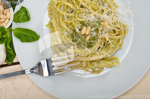 Image of Italian traditional basil pesto pasta ingredients