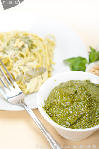 Image of Italian traditional basil pesto pasta ingredients