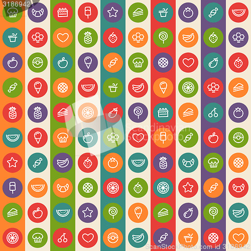 Image of Color Striped Seamless Pattern with Dessert and Fruits Icons