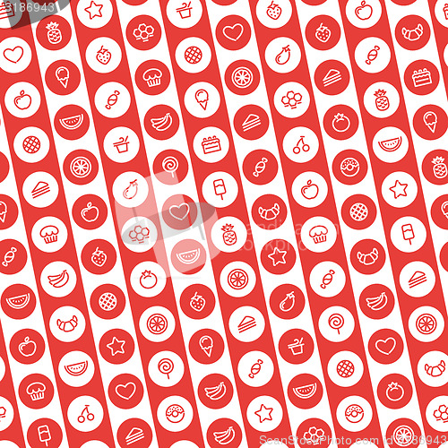 Image of Red Striped Seamless Pattern with Dessert and Fruits Icons