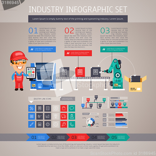 Image of Industry Infographic Set with Factory Conveyor and Robot Arm