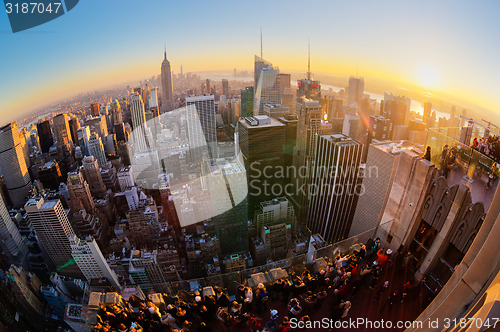 Image of New York City Manhattan skyline in sunset.