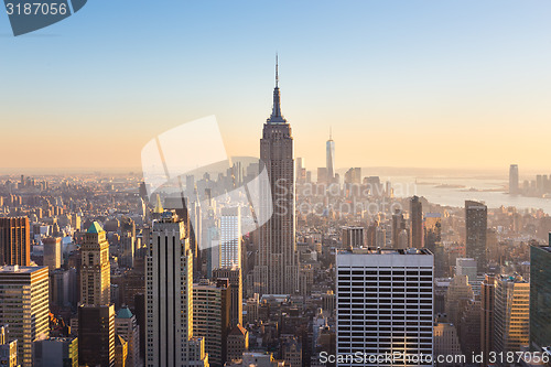 Image of New York City Manhattan skyline in sunset.