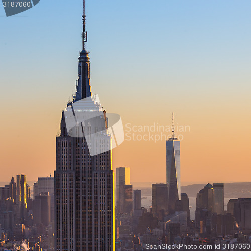 Image of New York City Manhattan skyline in sunset.