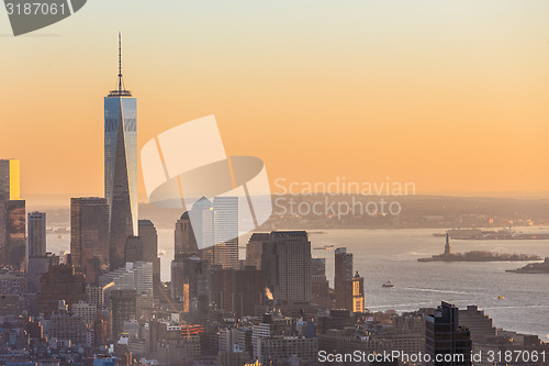 Image of New York City Manhattan skyline in sunset.