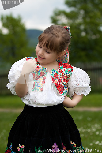 Image of Small girl in traditional dress on the meadow