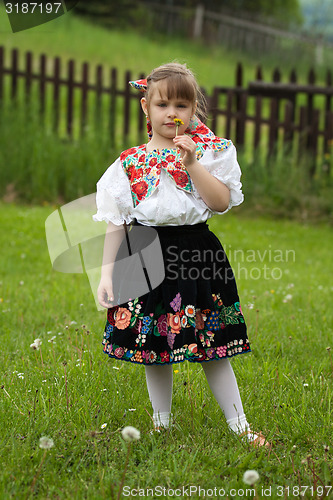 Image of Little girl in traditional costume with flowers