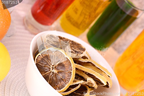 Image of old fruits on white plate and juice