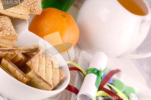 Image of sweet cake on white plate and fruits