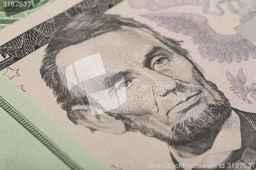 Image of Macro of Abraham Lincoln on five USA dollar banknote