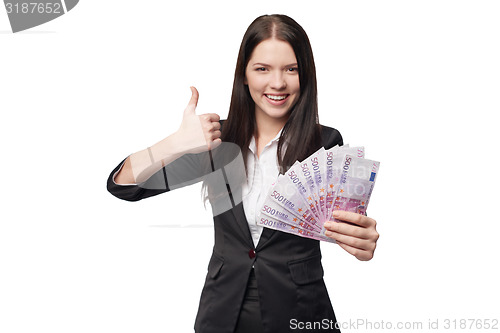 Image of Happy woman with euro money in hand