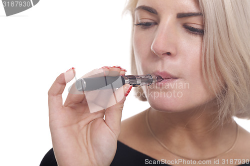 Image of Close up Blond Woman Smoking Using E- Cigarette