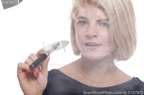 Image of Close up Blond Woman Smoking Using E- Cigarette