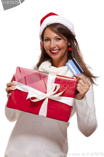 Image of Woman holding a Christmas gift and bank card