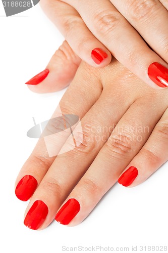 Image of Woman with beautiful manicured red fingernails