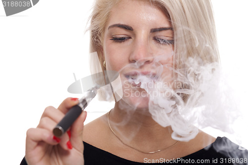 Image of Close up Blond Woman Smoking Using E- Cigarette