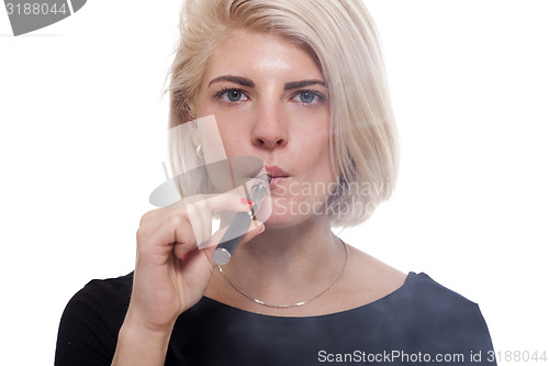 Image of Close up Blond Woman Smoking Using E- Cigarette