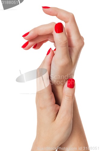 Image of Woman with beautiful manicured red fingernails