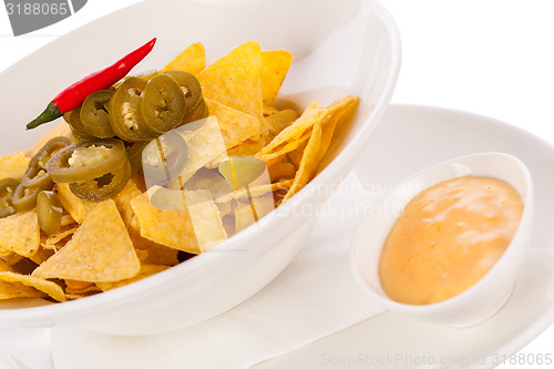 Image of Nachos with cheese sauce and chilli pepperoni