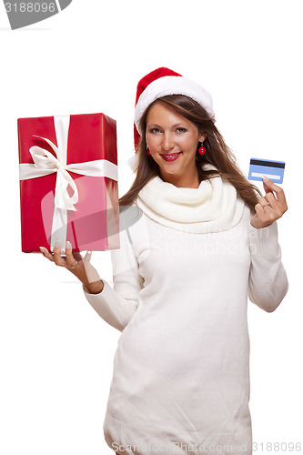 Image of Woman holding a Christmas gift and bank card