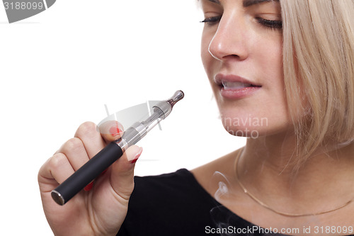 Image of Close up Blond Woman Smoking Using E- Cigarette