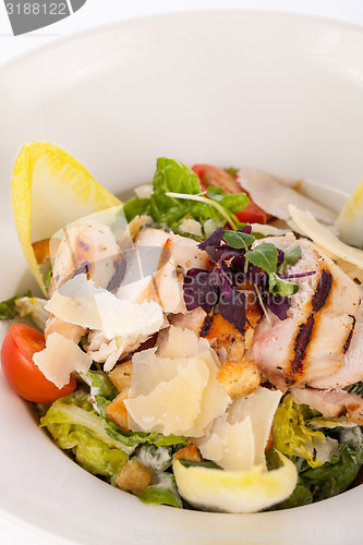 Image of tasty fresh caesar salad with grilled chicken and parmesan