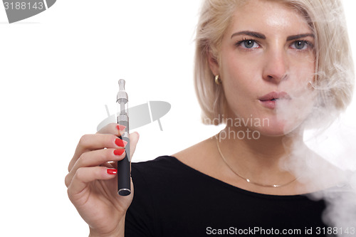 Image of Close up Blond Woman Smoking Using E- Cigarette