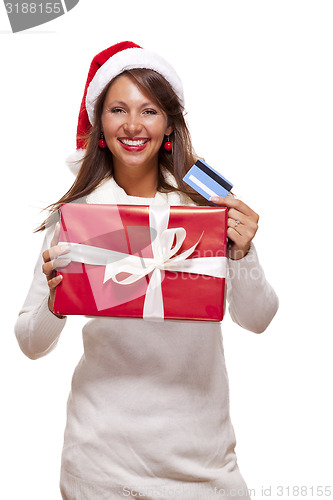 Image of Woman holding a Christmas gift and bank card