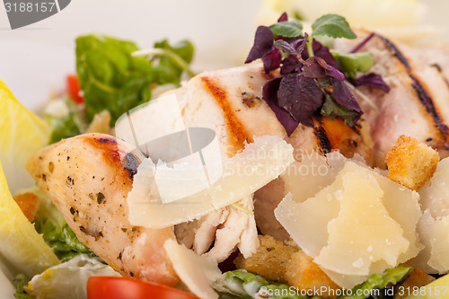 Image of tasty fresh caesar salad with grilled chicken and parmesan